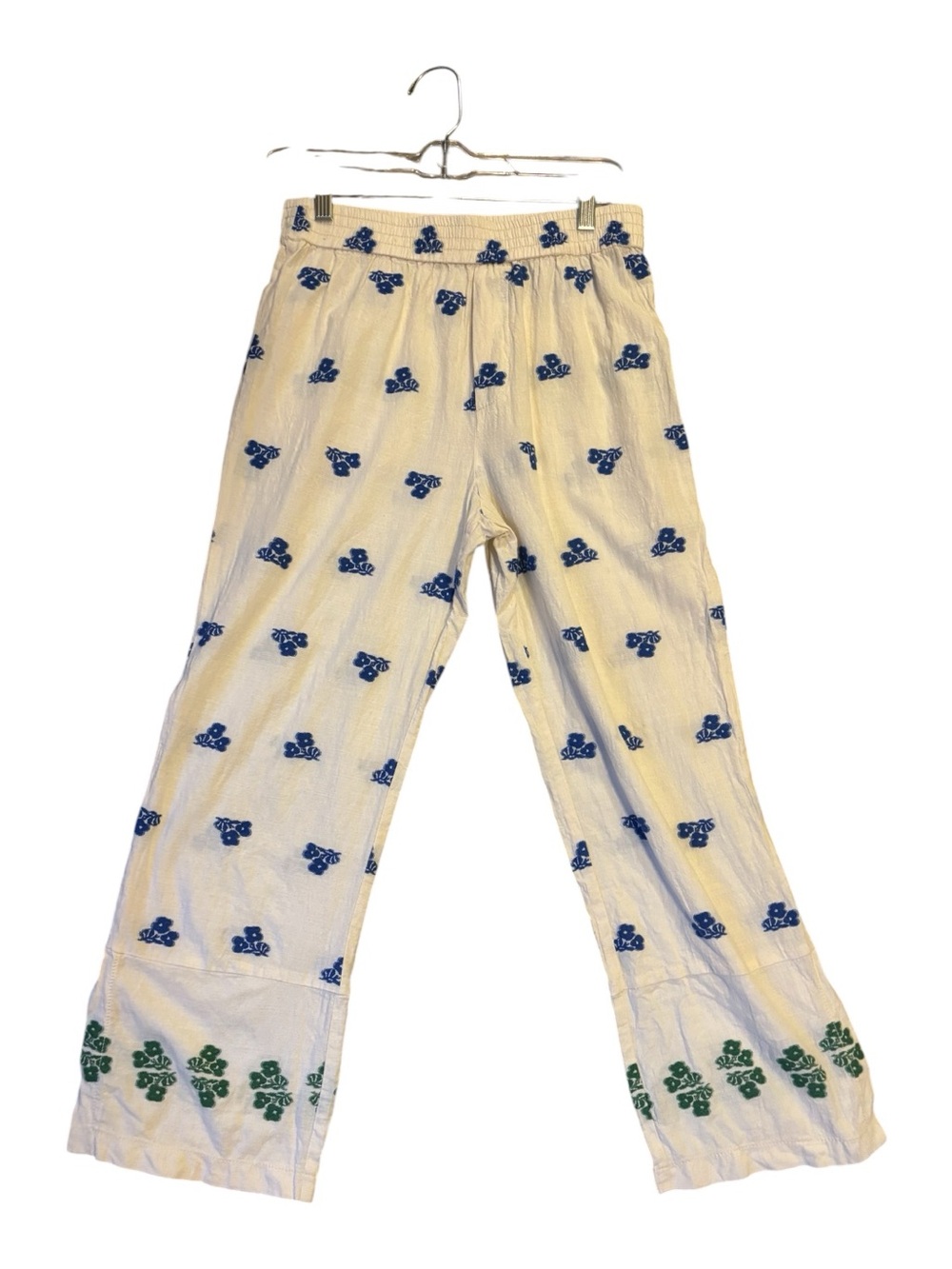 Zara Embroidered Cropped Pants – White Blue & Green Floral Print – Size Medium - Picture 2 of 9